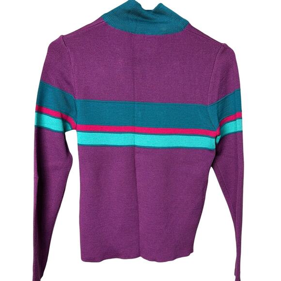 Vintage Mont Blanc Wool Ski Sweater Purple Teal Striped Snow Bunny (Flaws) - Picture 3 of 9